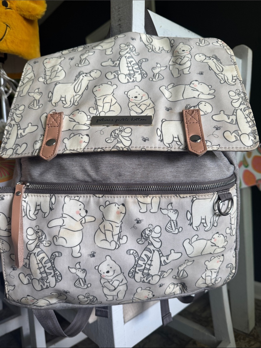 Petunia Pickle Bottom Winnie the Pooh Gray and Cream Backpack with pad